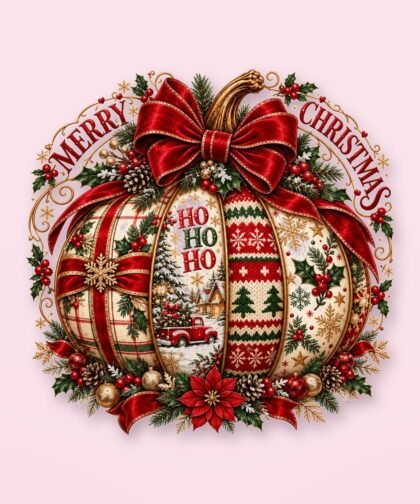 Christmas Pumpkin Ornament PNG, Plaid Sweater, Snowflake Poinsettia (Digital Download)