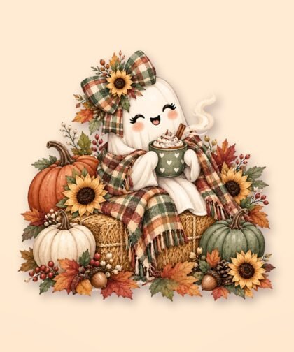 Cozy Autumn Ghost PNG Bundle, Cute Ghost with Pumpkin Clipart, Fall Ghost Sublimation Design, Halloween Ghost PNG Digital Download