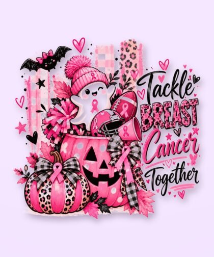Ghost Pumpkin PNG, Breast Cancer Football Awareness Design with Pink Leopard Bow