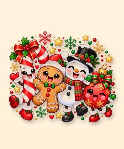 Kawaii Christmas Characters PNG Bundle, Cute Santa Reindeer Snowman Clipart, Christmas Sublimation Bundle, Kids Holiday PNG