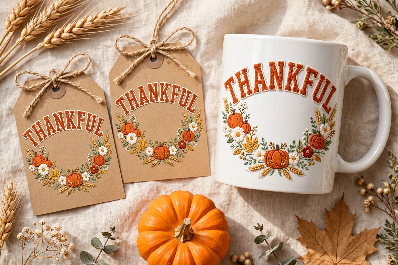 Thankful Retro Varsity PNG – Floral Pumpkin Fall Sublimation Design - Image 6