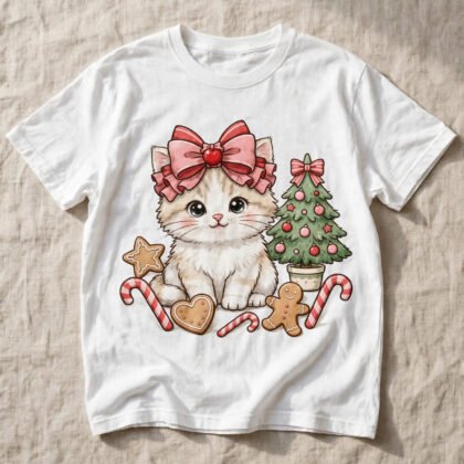 Coquette Christmas Cat PNG – Pink Bow Christmas Kitten Sublimation Design