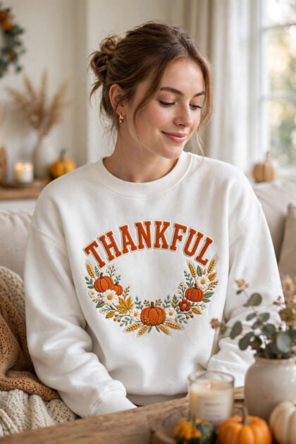 Thankful Retro Varsity PNG – Floral Pumpkin Fall Sublimation Design