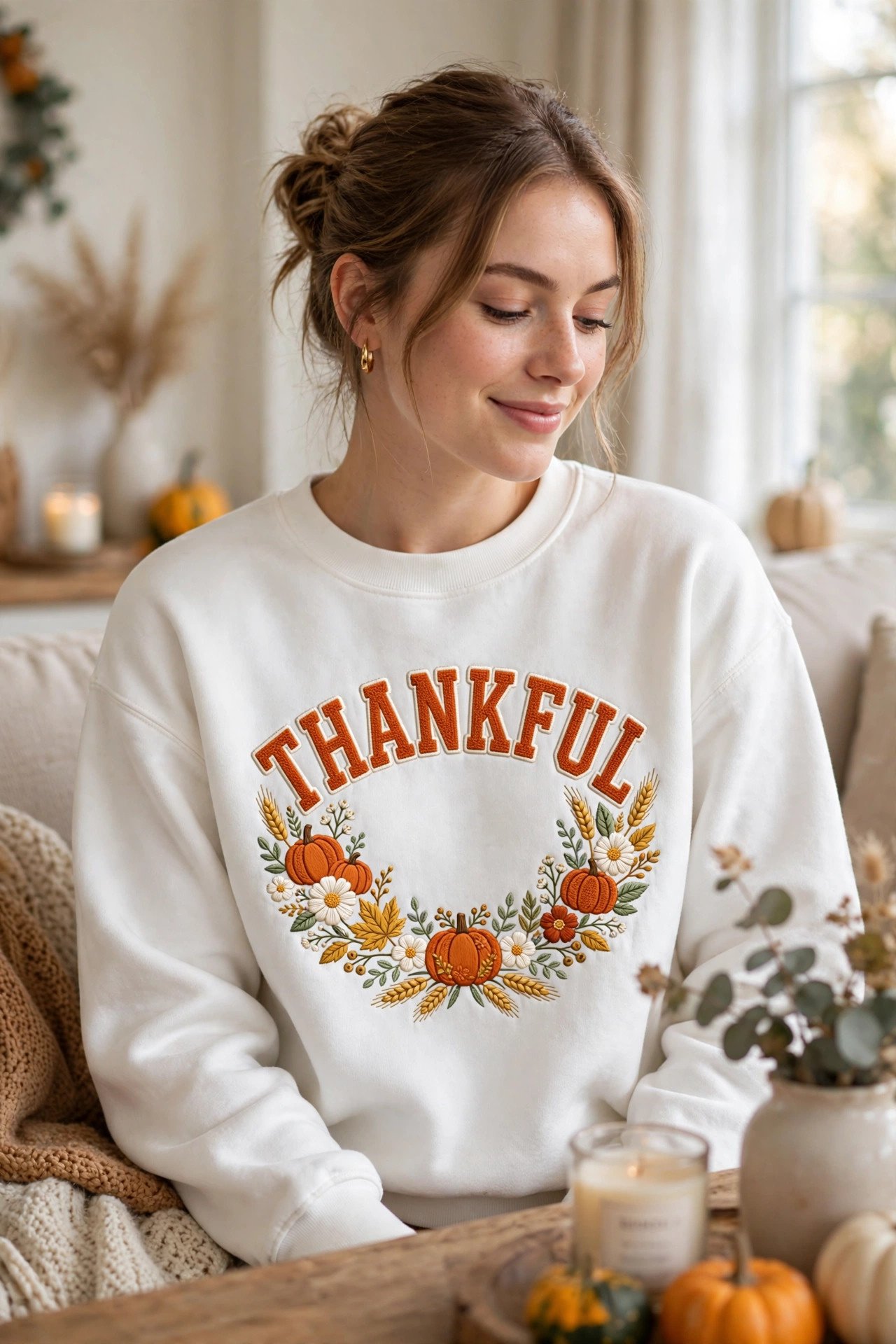 Thankful Retro Varsity PNG – Floral Pumpkin Fall Sublimation Design