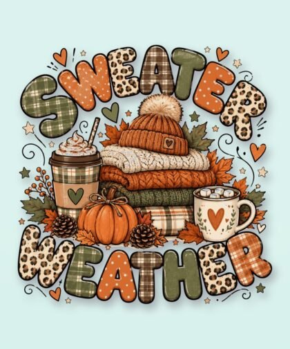 Sweater Weather Sublimation Design: Preppy Leopard Pumpkin Plaid Fall Vibes (Digital File)