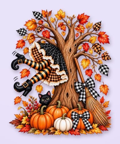 Whimsical Witch Tree Halloween Shirt Design, Autumn Sublimation PNG (Digital Download)